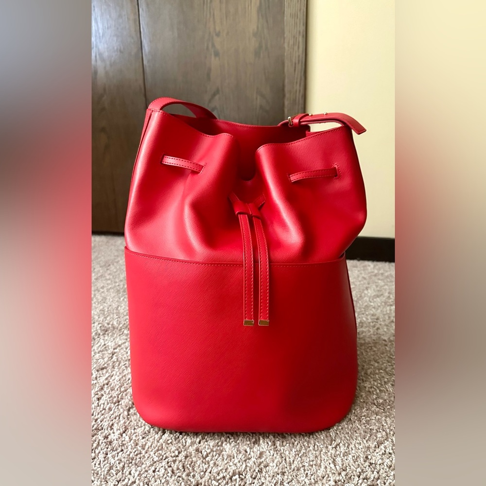 Cuyana saffiano red leather bucket bag